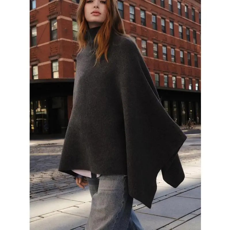 

Women's Knitted Cowl Ne Coat Autumn Winter New Arrival Simple Retro Mixed Fabric Asymmetrical Stand Collar Outerwear