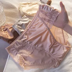 High Grade Satin Sexy Lace Mid-waist Underwear Women Large Buttocks Breathable Antibacterial Crotch Comfortable Triangle Pants