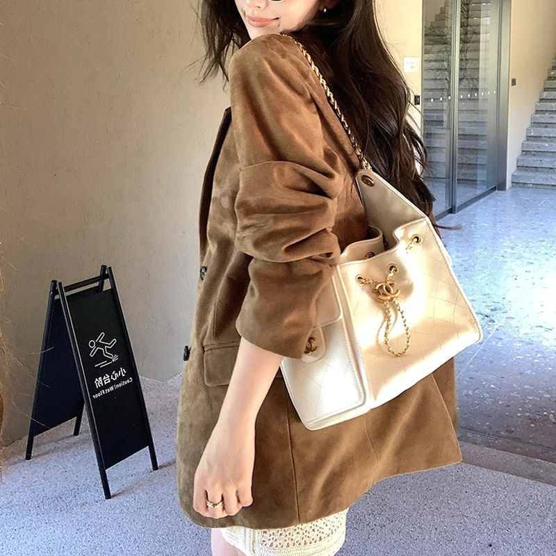 100% echtes Leder Blazer Jacke für Frauen Retro Braun Hohe Luxus Kid Wildleder Weibliche Casual einreiher Lose Anzug mäntel