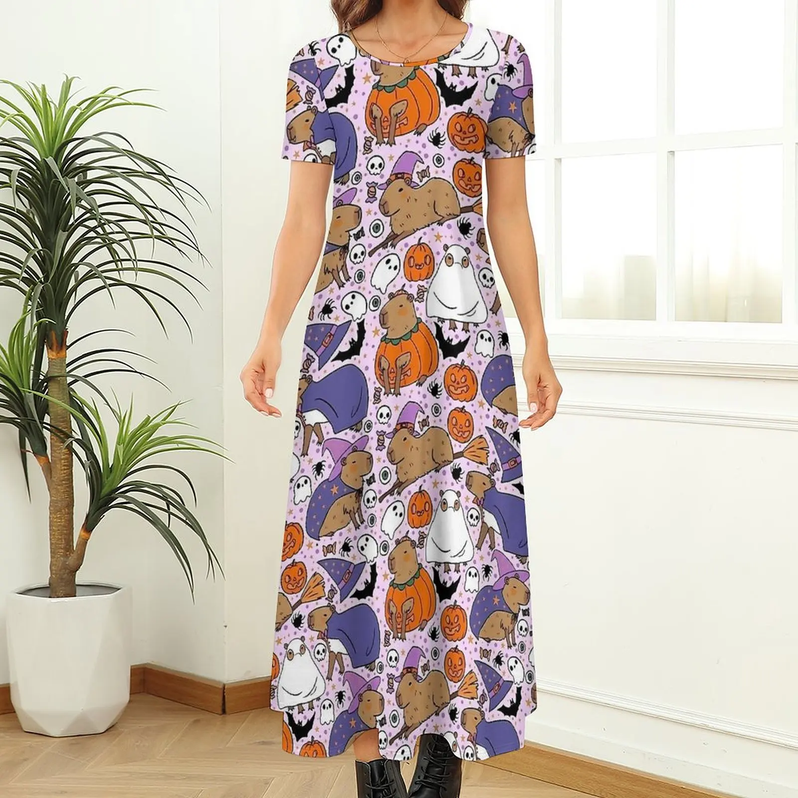 Cute Halloween Capybara Print Dress  Vintage Maxi Dress Female Short Sleeve Street Wear Bohemia Long Dresses Large Size