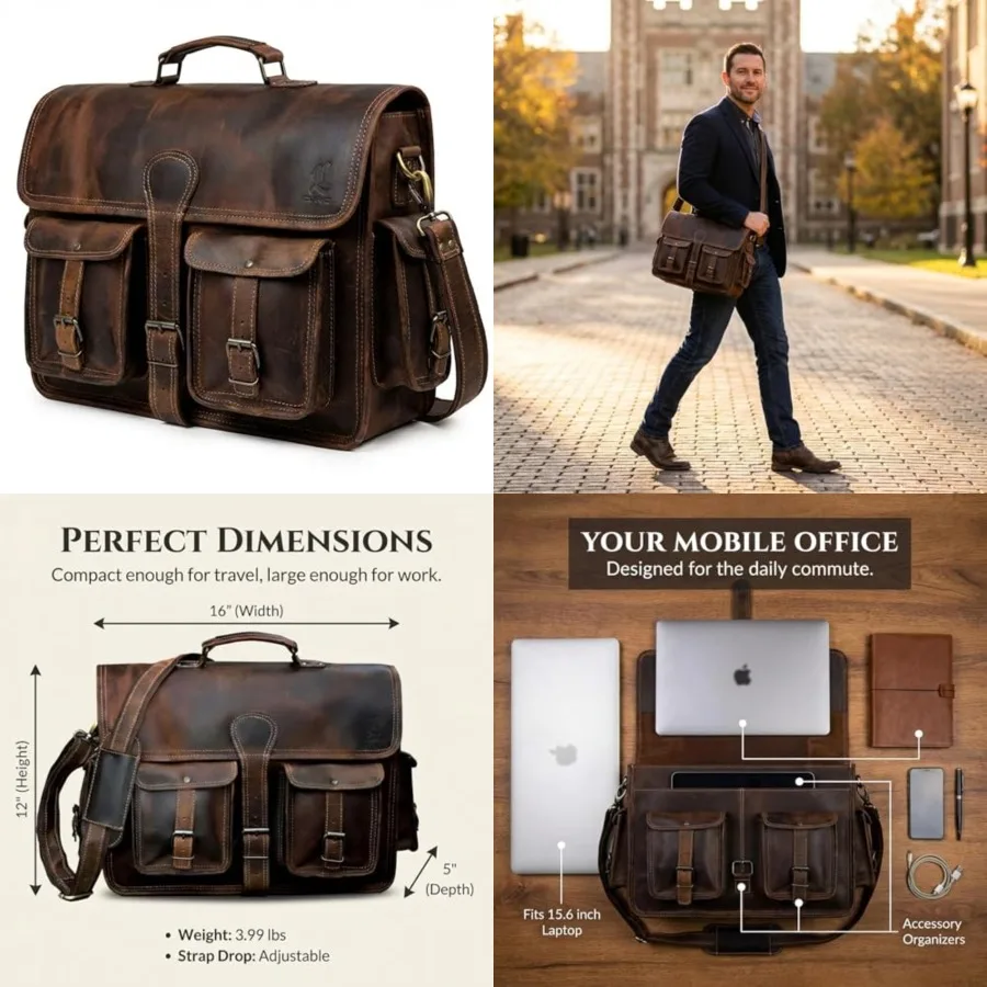 Leather Messenger Bag for Men, Laptop Crossbody, Vtage Handmade Leather Shoulder Satchel Bag for Men, Full Gra Busess Briefcase
