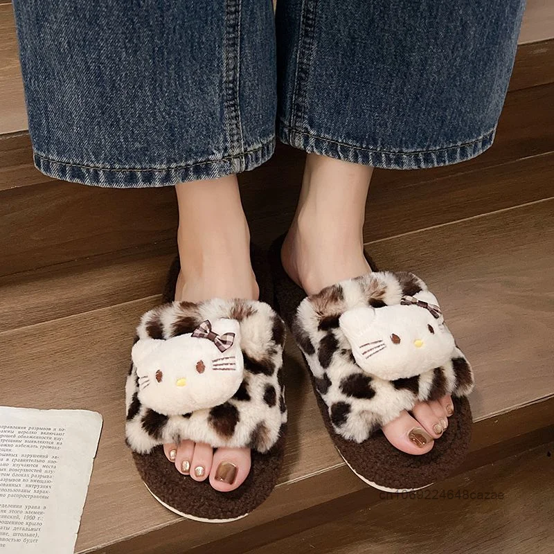 Sanrio Hello Kitty Trend Cute Plush Shoes Autumn Winter Leopard Print Simple Cotton Slippers Korean Version Versatile Home Shoes