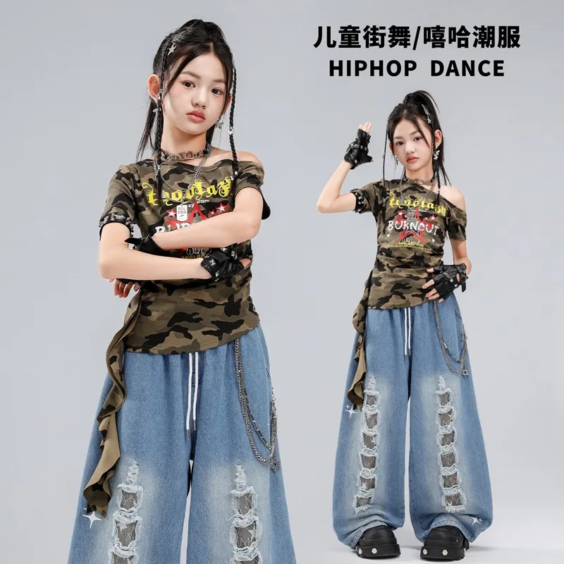 Teen Girls Hip Hop Dance Costumes Camo Off Shoulder Letter Print Tops Blue Hollow Wide Leg Pants Set Kids Kpop Stage Streetwear
