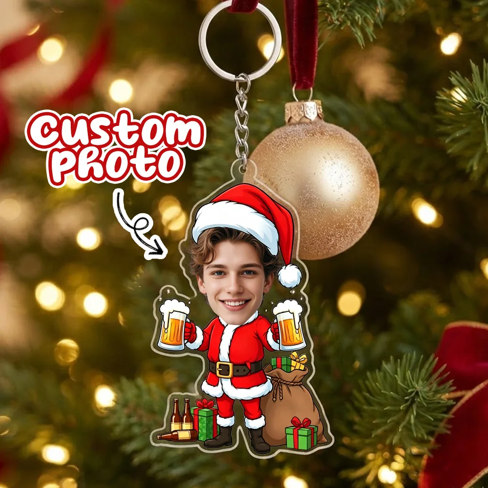 Personalized Custom Photo Santa Keychain,Christmas Cartoon Portrait Acrylic Key Ring,Unique Holiday Keepsake Gift Friend Family