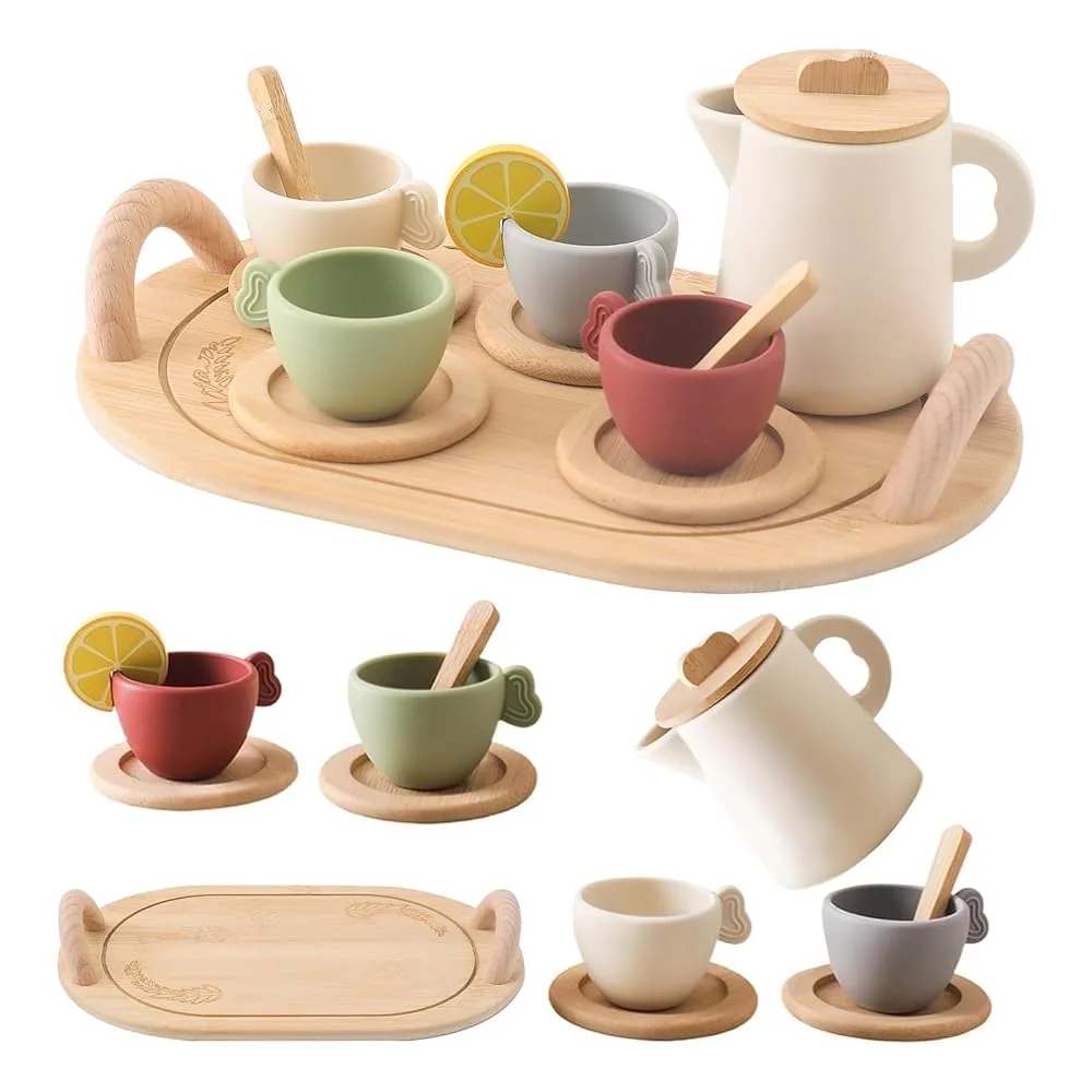 Wooden Montessori Toys Toddler Pretend Play Tea Party Set Silicone Teapot Cups Wood Tray Scoop Toys for Kids Birthday Gift