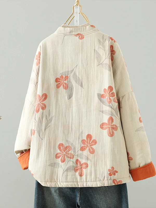 

Retro Chinese Sle Printed Cotton Jaet Women's Winter Coat with Cotton Filling Loose Fit Long Sve Street Sle