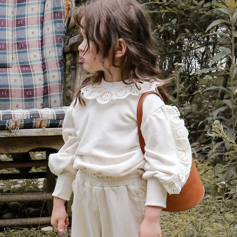 

2025 Spring Korean Style Baby Girls Clothes Lace Cotton Sweatshirts Lantern Sleeve Toddlers Kids Pullovers Tops Sleeve Sweater