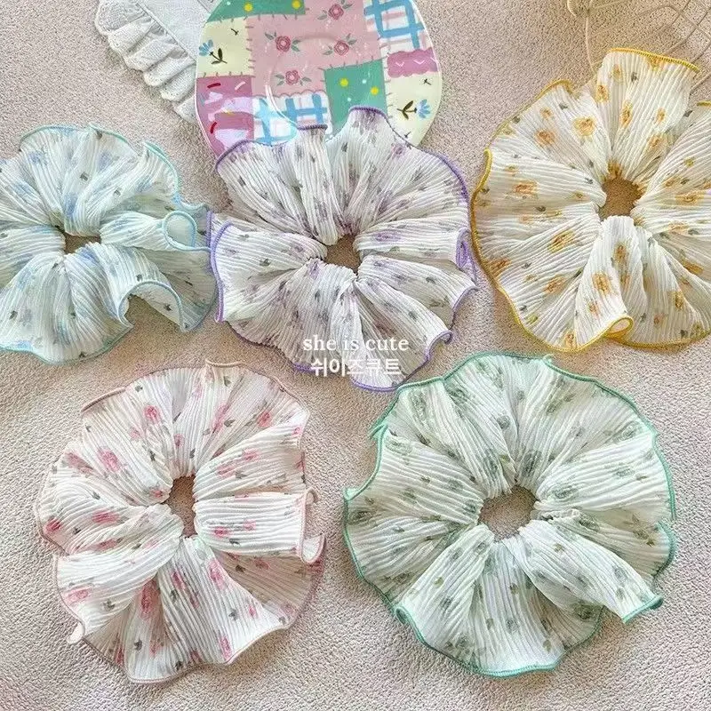 

2026 New Fresh Small Floral Ruffled Sweet Low Ponytail Scrunchy for Women Hair Tie Decor Portable Charms
