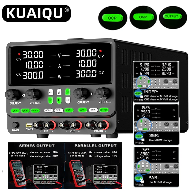 KUAIQU Dual DC Power Supply ,4 in 1 Adjustable Switching Regulated Bench Lab Power Supplies, Parallel Series Independent mode