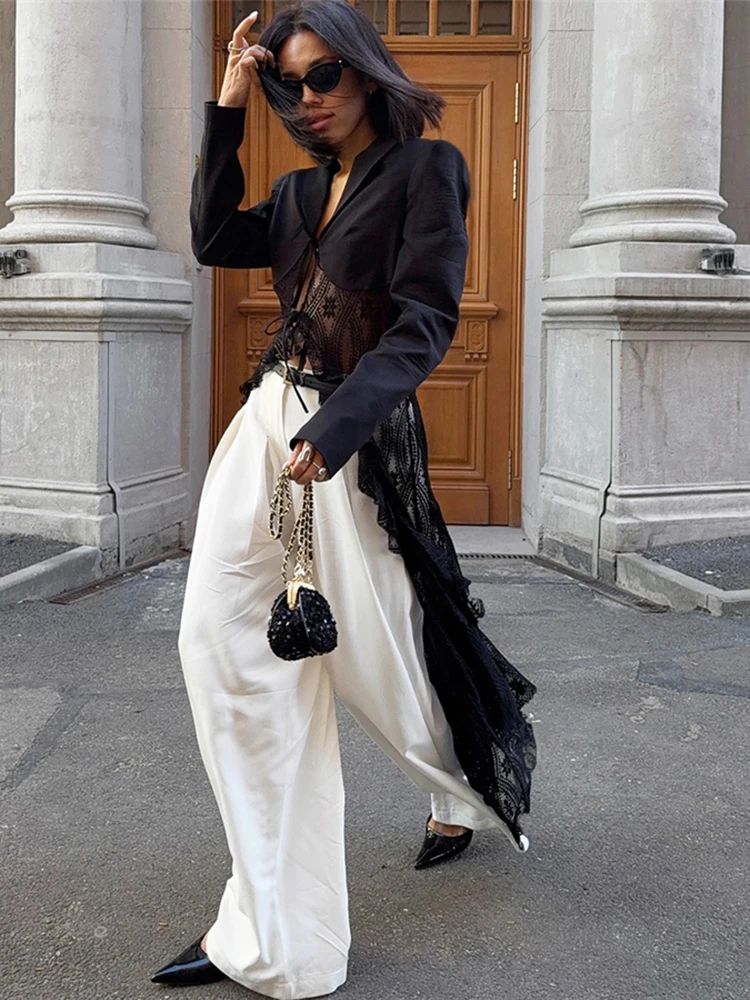 Kliou malha retalhos casacos longos mulher outono tendência rendas cardigan manga cheia estilo de rua alta sexy moda elegante jaqueta