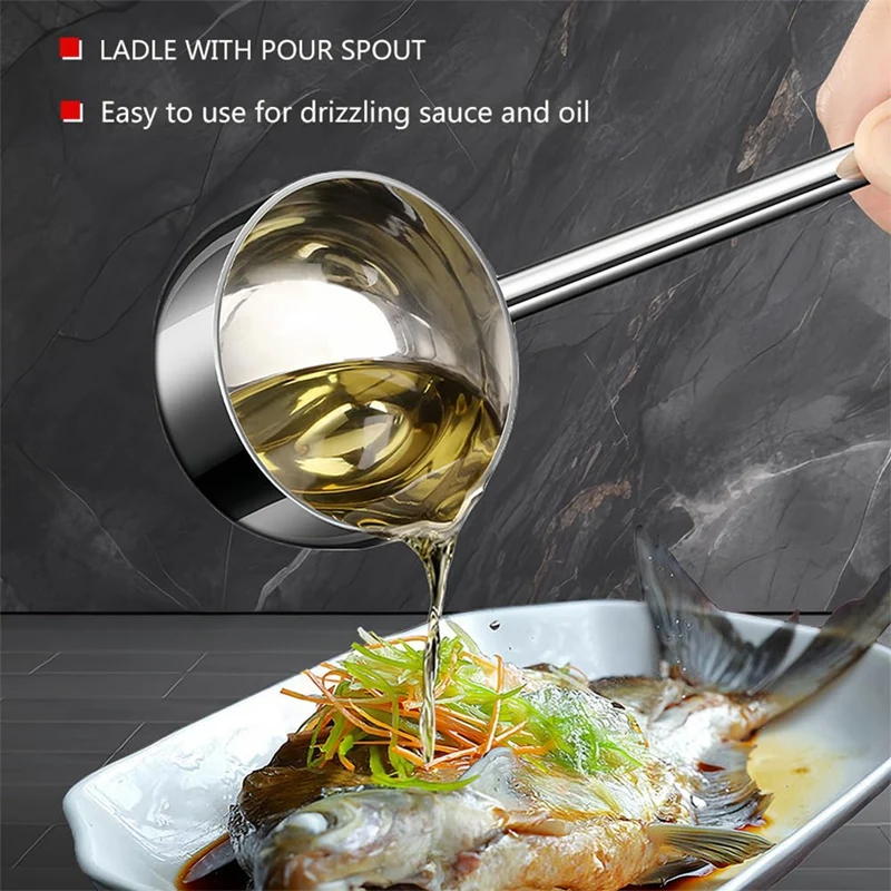 

Набор из 2 прочных металлических половников для супа из нержавеющей стали с длинной ручкой и носиком для заливки, 2 унции, для кухни