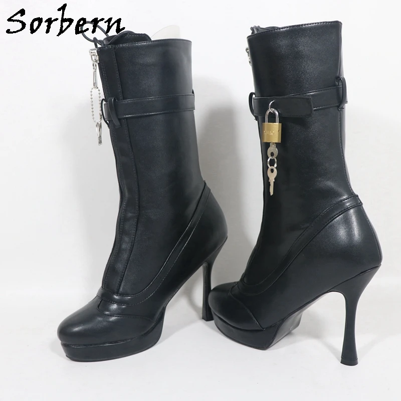 Sorbern Black Matte Ankle High Boots Women With Locks Lockable Zippers Thin Special High Heel Custom Color