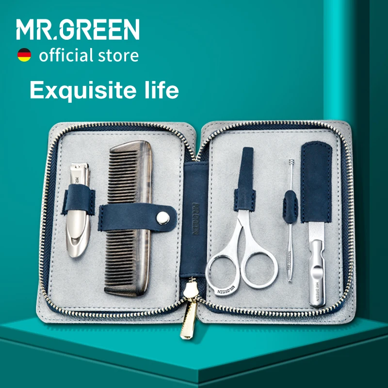 MR.GREEN Manicure Set Portable Business Style Personal Care Tools Hair Comb Nail Clippers  With Full Grain Cow Leather Case