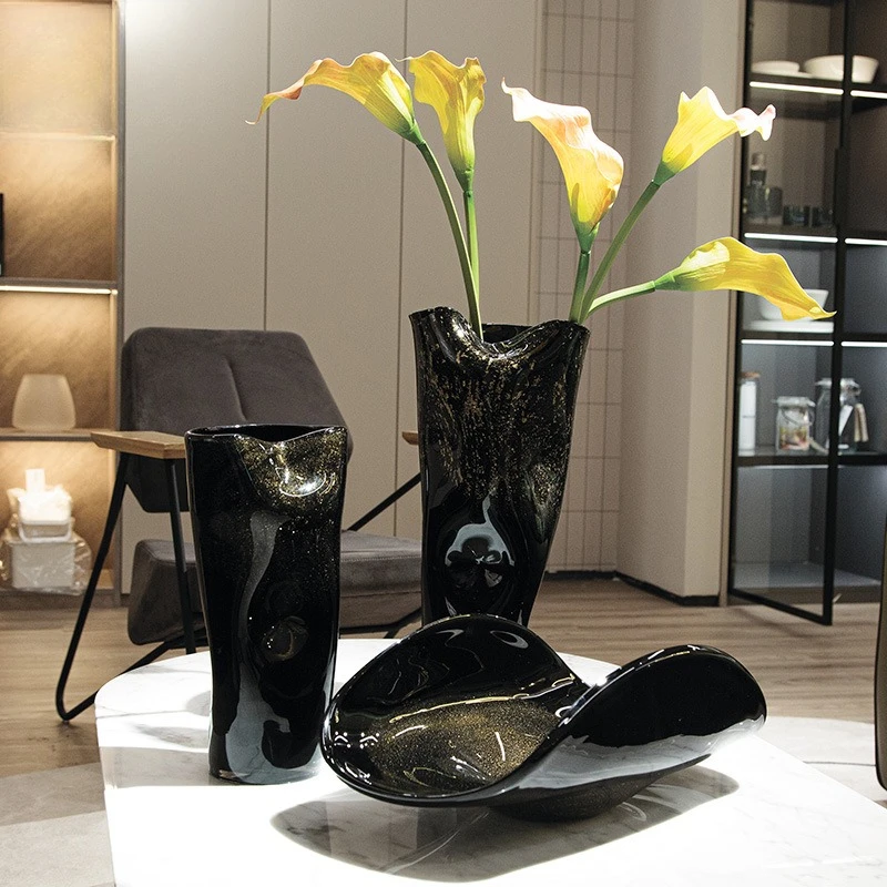 Black sprinkled gold foil irregular abstract shape vase fruit plate set, light luxury high-end soft decoration jewelry