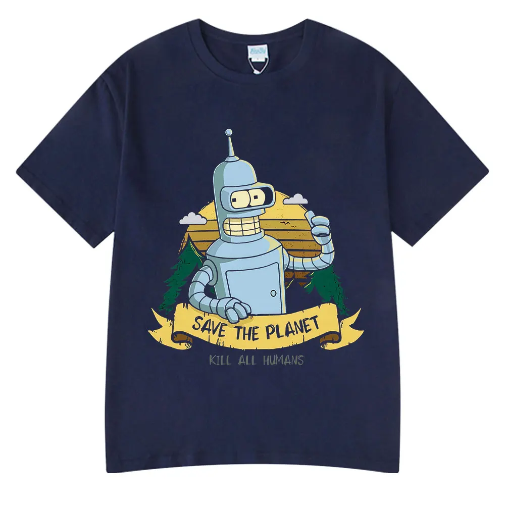 Save The Planet Kill All Humans Funny Robot Vintage T Shirts Men Women Clothing Short Sleeve T-shirts Oversized Cotton Tee Shirt