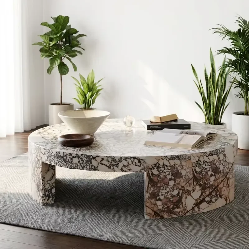 Customizable 1000x1000x350mm 55KG Light Natural Stone Caracatta Viola Modern Round Marble Coffee Table