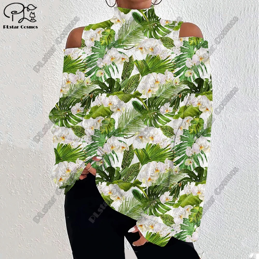 

3D Printed Flower Series Women's Hawaiian Tropical Mosaic Bird Pattern Lantern Sleeves Off-Shoulder Casual Long Sleeves