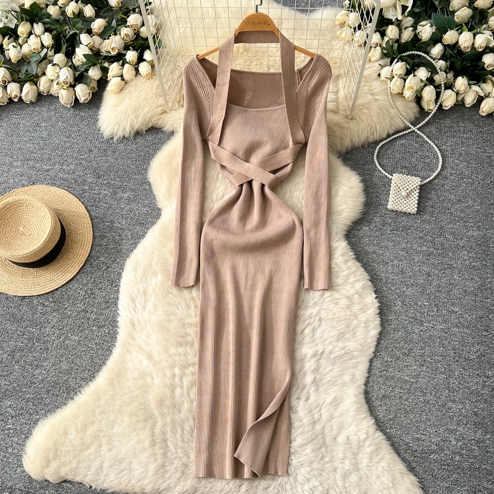Sexy elegante Langarm Neckholder Bleistift Kleid Vestidos Herbst koreanische Mode Vintage Frauen Kleidung
