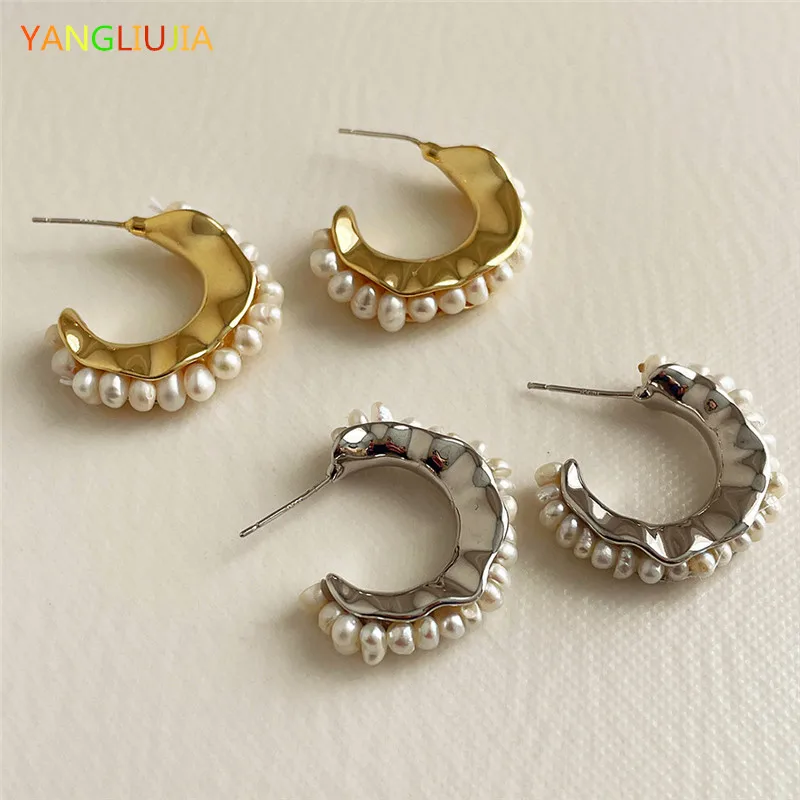 

Metal C Shaped Silver Colour Freshwater Pearl Earrings European American Style Hip-hop Punk Personality Fashion Earrings 2022