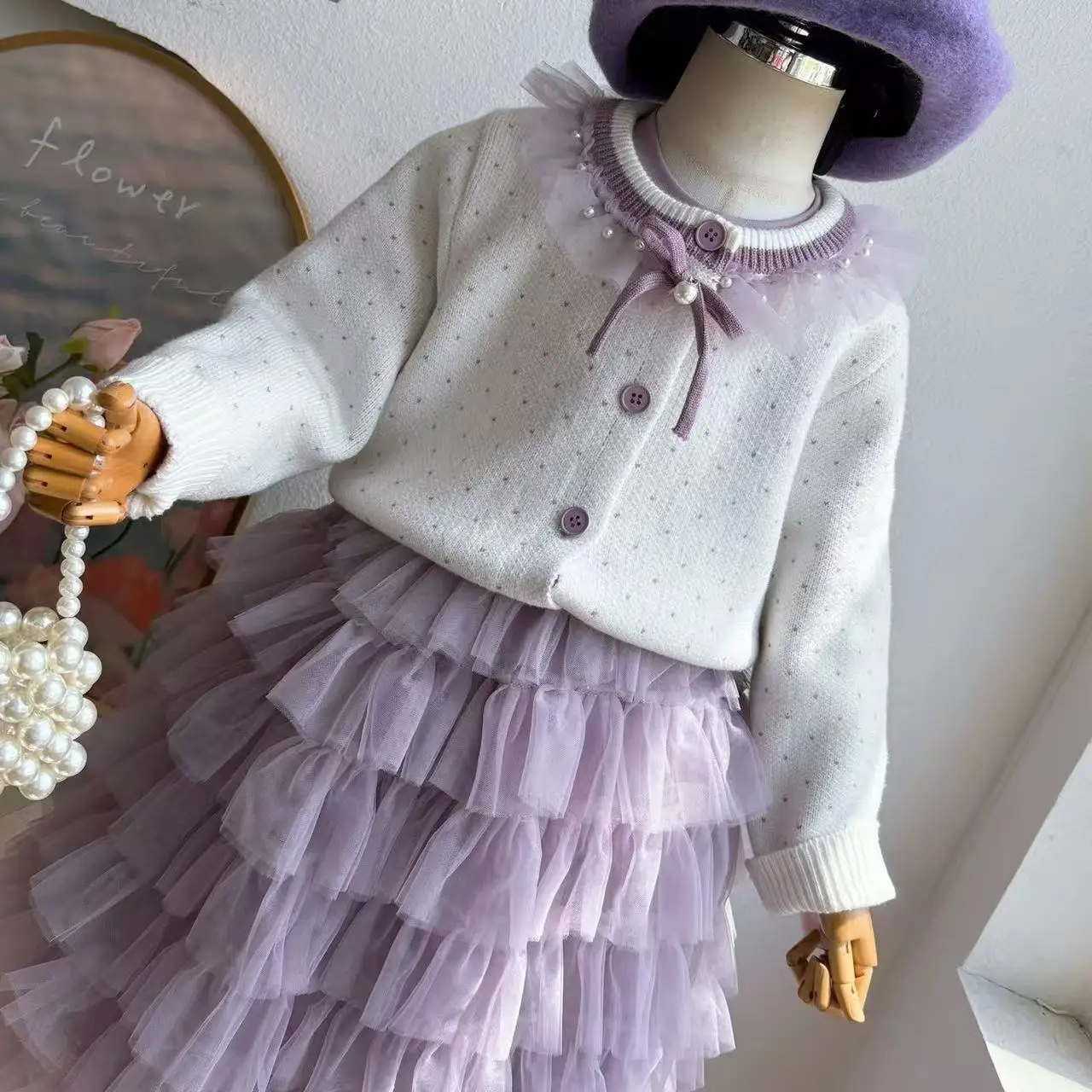 2026 ملابس الخريف للأطفال أنيق البولكا نقطة سترة متماسكة الفتيات طفل طويل الأكمام المرقعة تول المتدرج تنورة فستان الأميرة #3