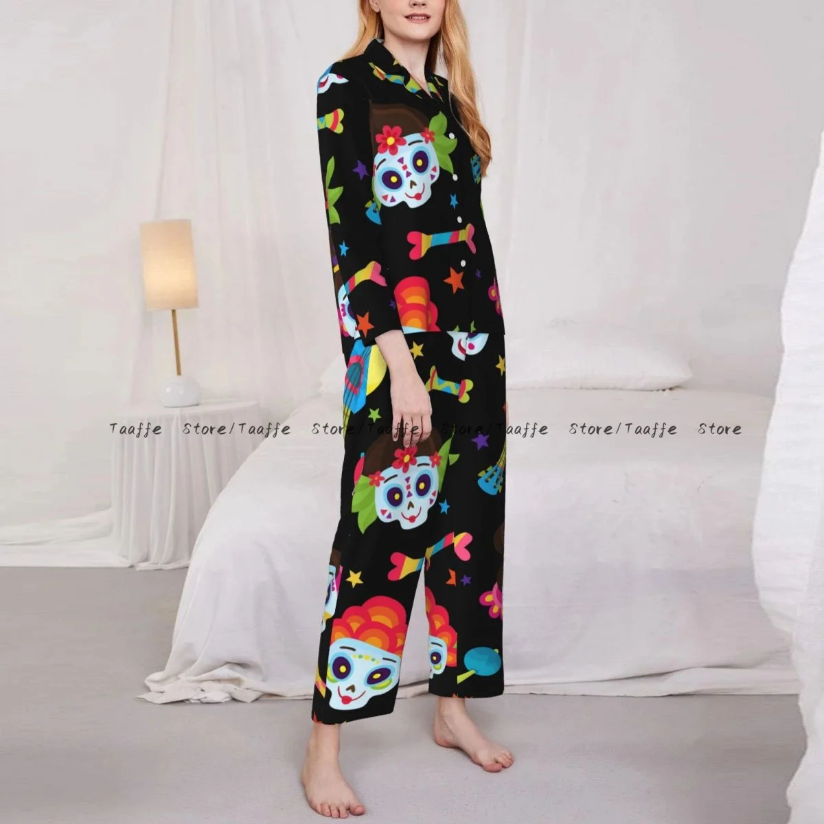 Spring and Autumn Pajama Set Women's Long Sleeve Pants Two Piece Sugar Skulls Mexican Day Of The Dead Home Furnishing Set