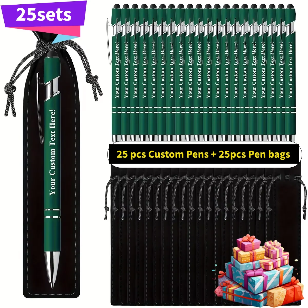 25Sets Customizable Metal Ballpoint Pens with 25pcs Pen Bags Business Office Meeting Signature Custom Logo Advertising Pens