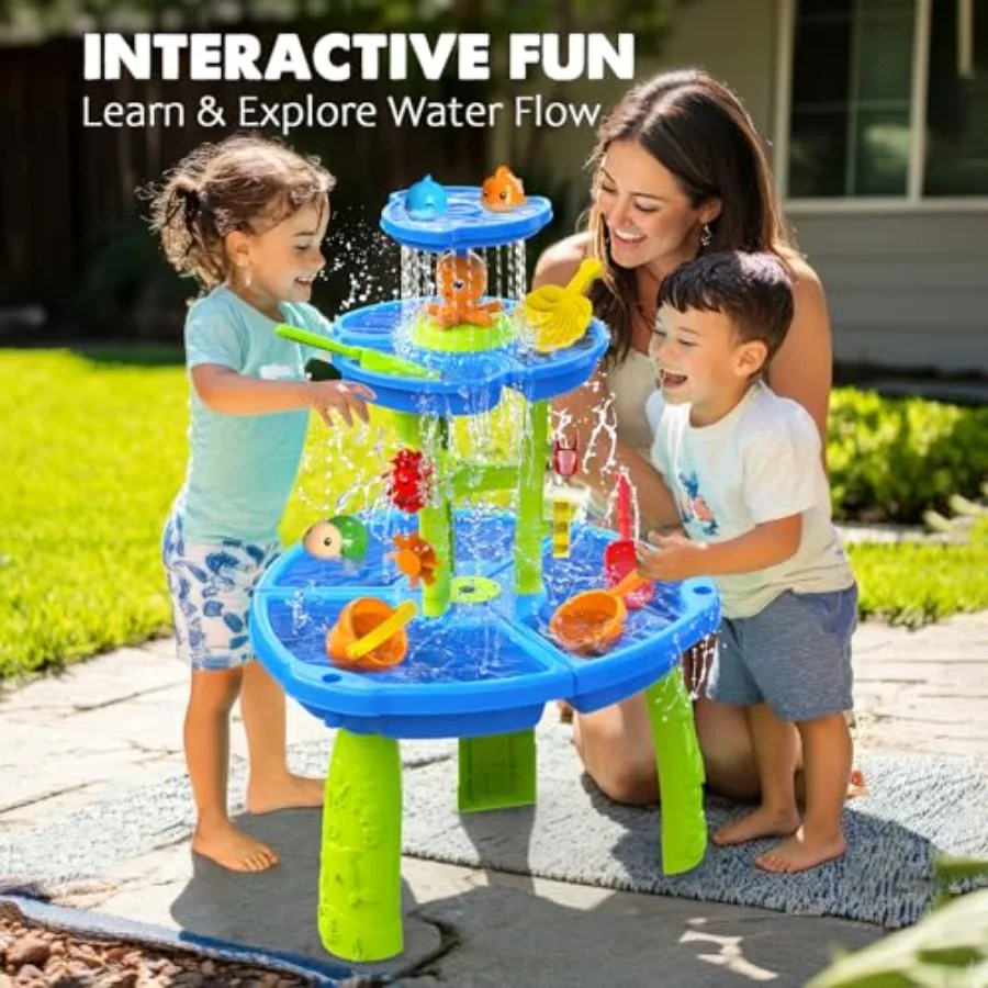 Outdoor water table for toddlers 3-5, plastic, blue, UV-resistant and BPA-free with magnetic fishing game and splash features view 3