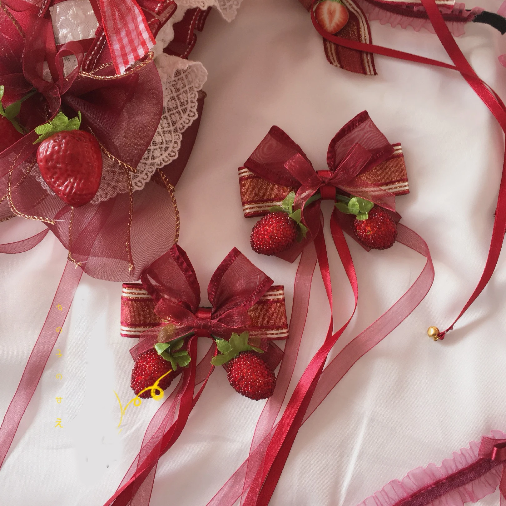 Sweet Lovely Lolita Strawberry Jam KC Hair Pin Soft Girl Japanese Bow Lace KC Headband Headwear Side Clip Hair Accessories