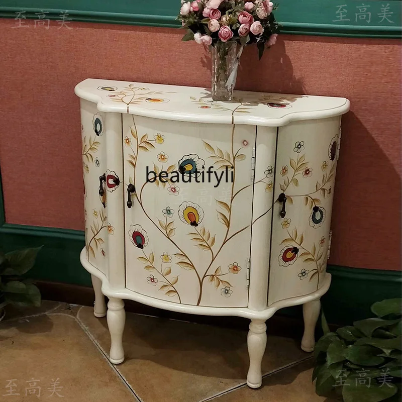 American painted entrance, European solid wood living room decoration, pastoral retro hand-painted side cabinet