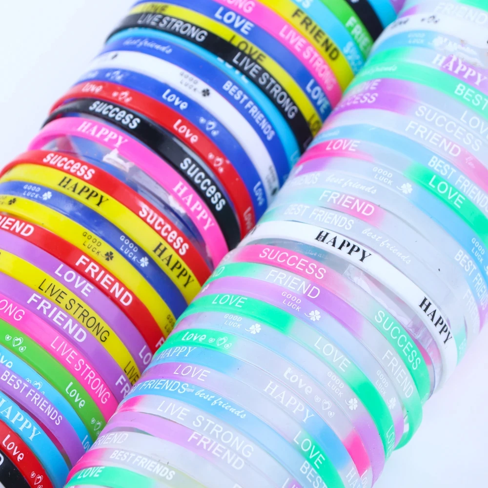 10pcs 패션 5mm 빛나는 실리콘 팔찌 편지 스포츠 고무 팔찌 탄성 캔디 컬러 팔찌 여성 남성