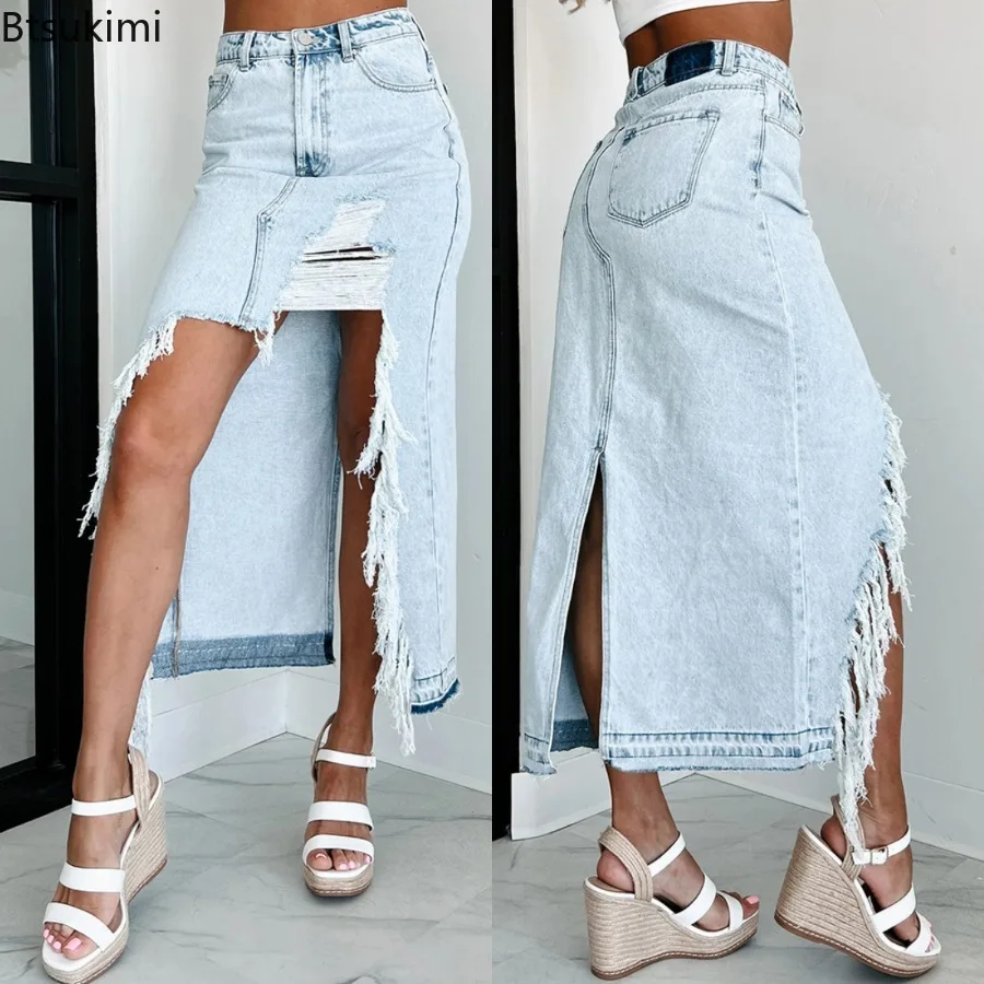 

Women Denim Skirts High Waist Irregular Washed Cotton Maxi Skirt Mujer High Street Hairy Edges Holes Do Old Split Denim Skirts