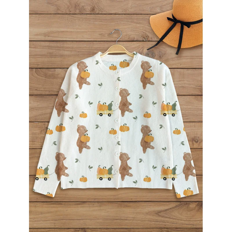 

Preppy Style Cartoon Pumpkin Bear Print Women's Sweater Knit Cardigan Thickened Loose Crew Neck Long Sleeve Button Autumn Winter