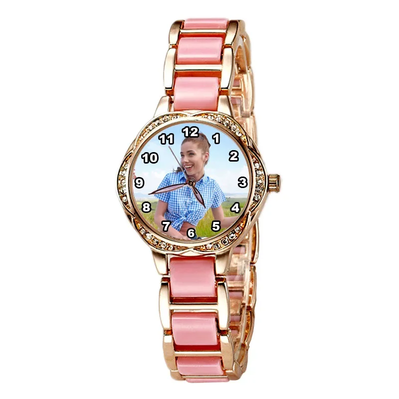 A4401w personalizado com logotipo próprio relógio strass diamante cor dourada relógio personalizado mostrador presente para namorada pulseiras fotográficas femininas