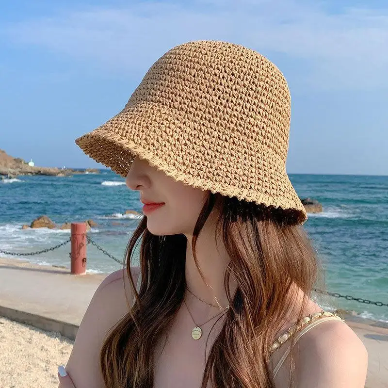 Women Summer Straw Fisherman Hat Unique Woven Breathable Solid Color Sun Protection Hat for Hiking Cycling Camping 1 PCS