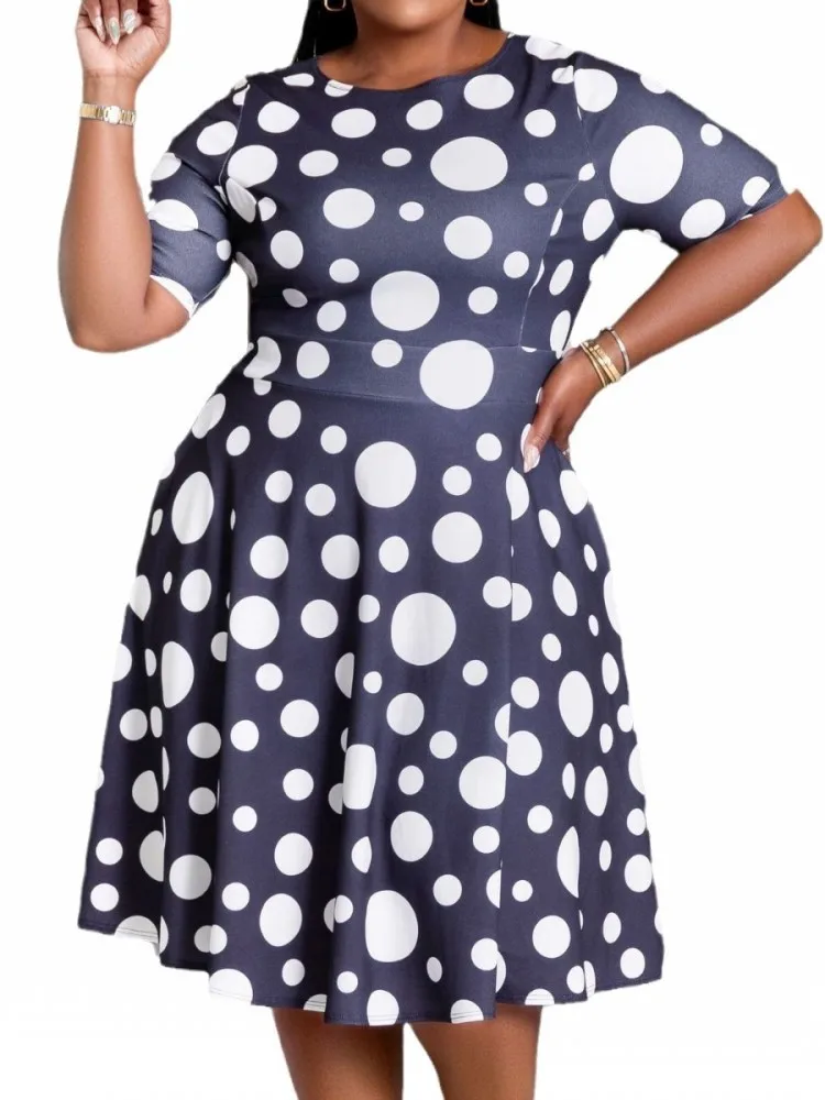 Plus Size Lente Zomer Nieuwe Bijpassende O-hals Korte Mouwen Mode Woon-werkverkeer Slim Fit Midi Lengte Elegante Stijl Jurk 2025