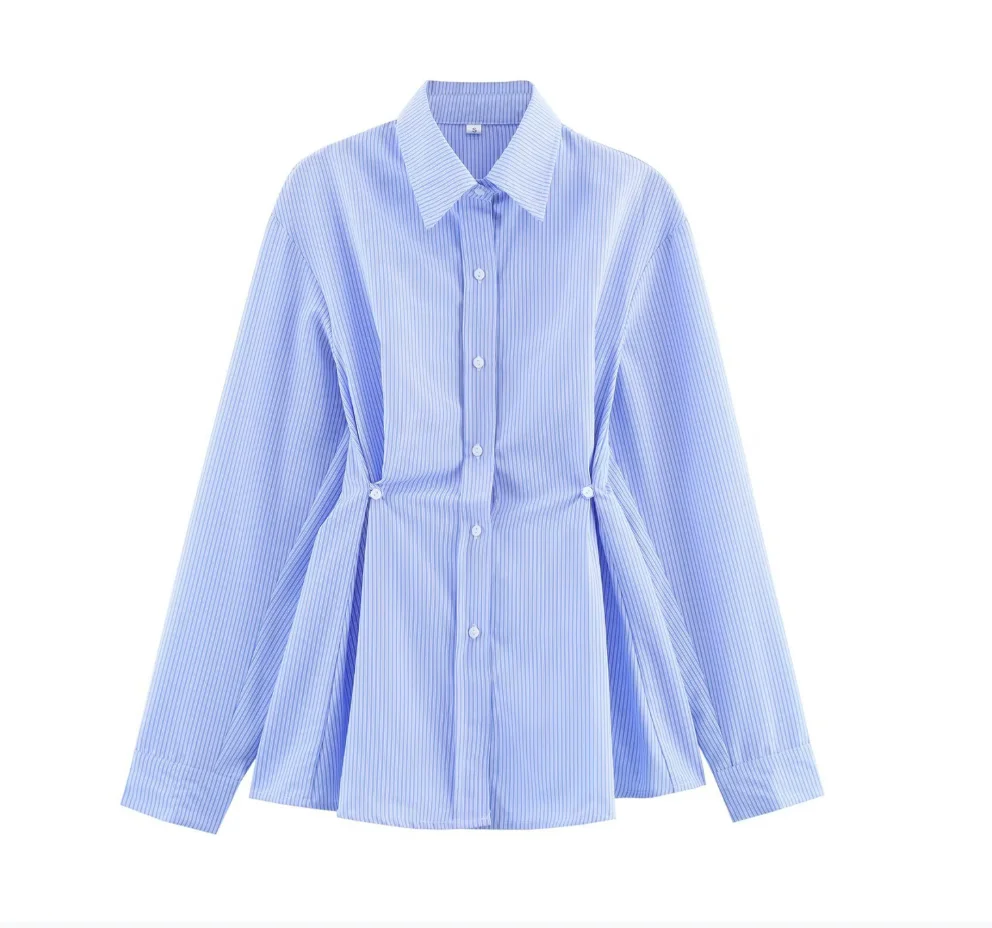 Vintage Style Woman Blouses Featuring Asymmetrical Striped Pattern Press Pleated Waist Elegant Clothing Long Sleeve Work Shirt