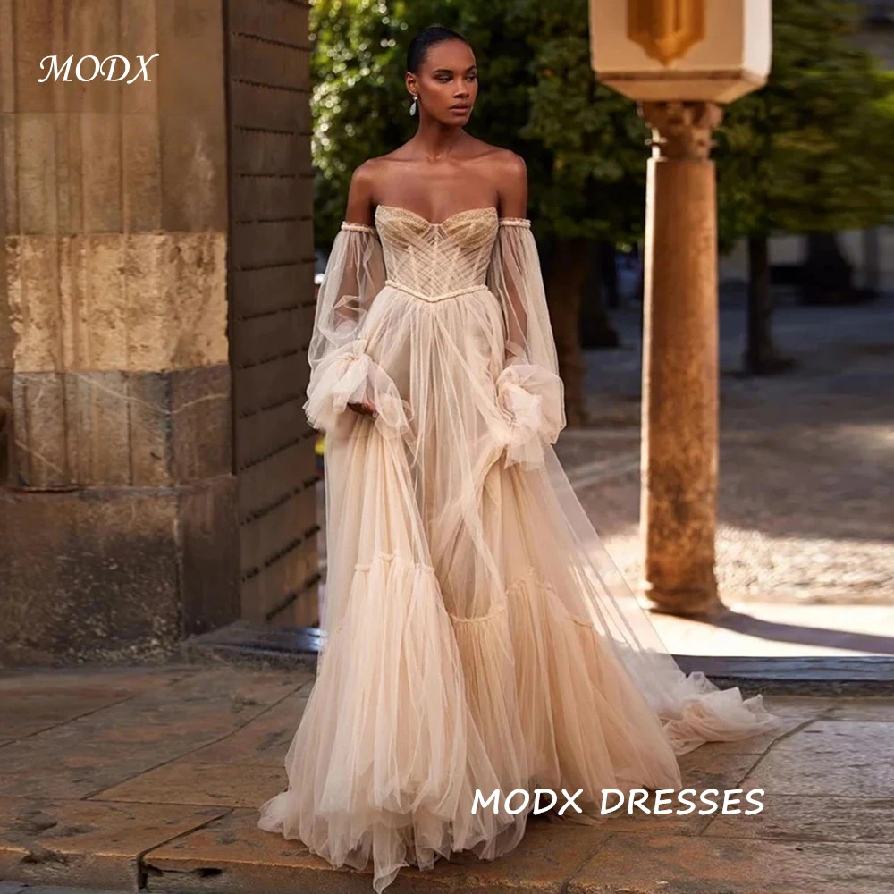 MODX Champagnerfarbene Boho-Hochzeitskleider, maßgeschneiderte Puffärmel, Korsett, Perlen, herzförmiges Brautkleid, schickes Strand-Brautkleid für Frauen