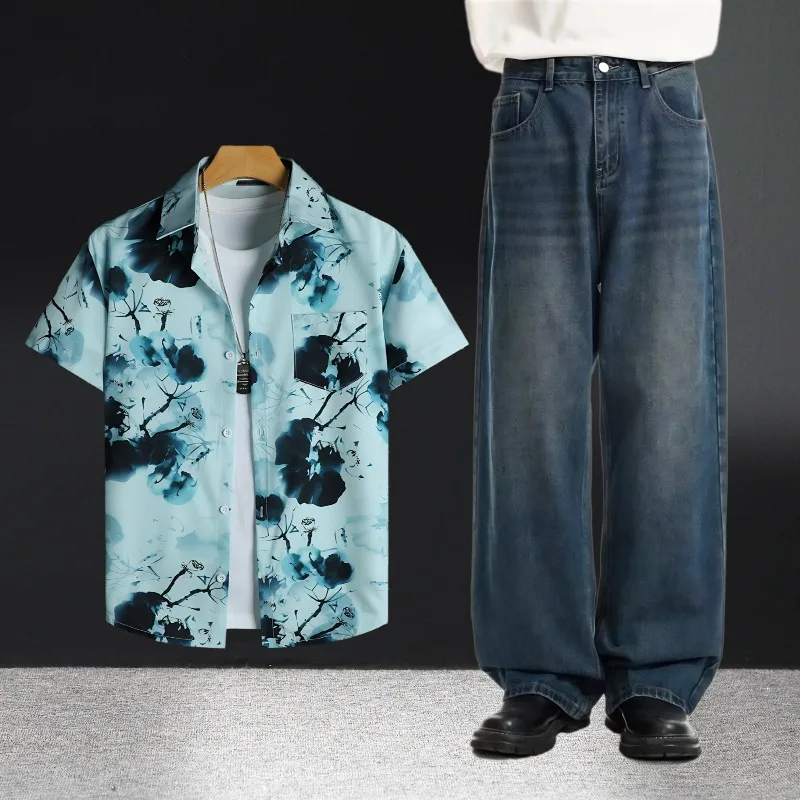 طقم قمصان جينز صيفية كاجوال للرجال بأكمام قصيرة مع ملابس جينز رفيعة ومريحة