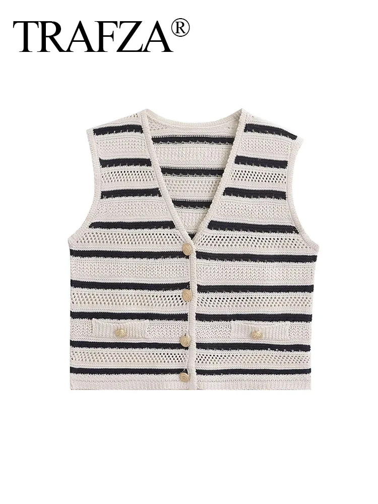 TRAFZA Summer Vest Woman 2024 Trendy Stripe V-Neck Sleeveless Buttons Single Breasted Sweater Tops Female Casual Knitted Tops