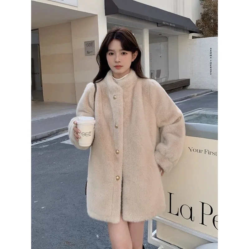 2024 Winter New Environmentally Friendly Fur Coat Women's Fur One Mink Stand Collar Fur Temperament Coat Simple Fashion Warm