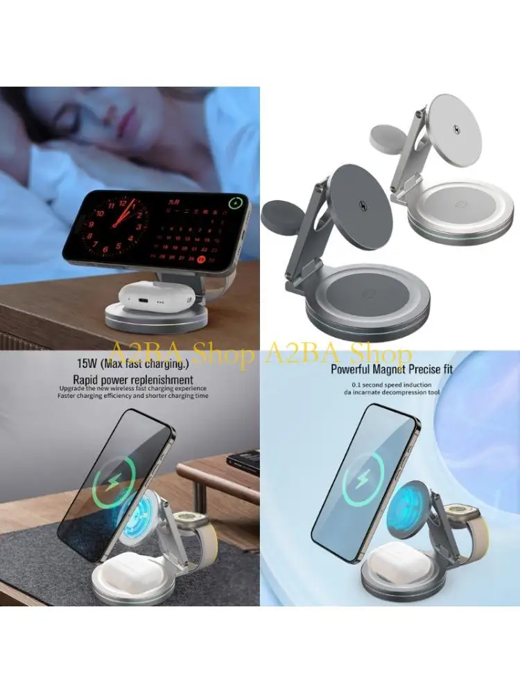 A2BA Portable Multiple 360 Degree Rotating Wireless Charging Dock Support Foldable Design for Phone Smartwatch Earbuds