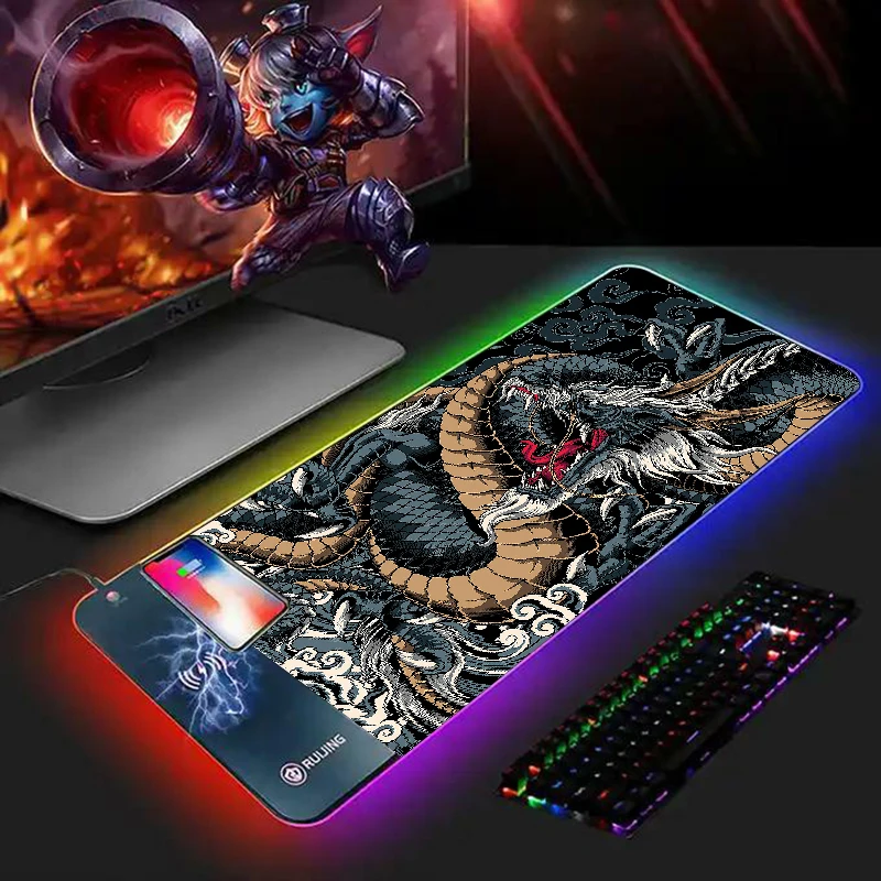 

Touhou dragon Mousepad RGB Luminous Desk Mats 15W Wireless Charging Mouse Pad Gamer Computer Laptop Keyboard Glowing LED Cushion