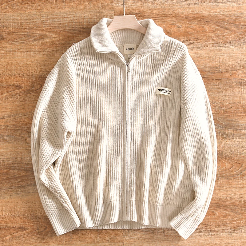 Men's Pure Color Casual Knitted Stand Collar Cardigan Sweater Thickened Wool Blend Coarse Weave Shoulder Drop Sleeves Winter ...