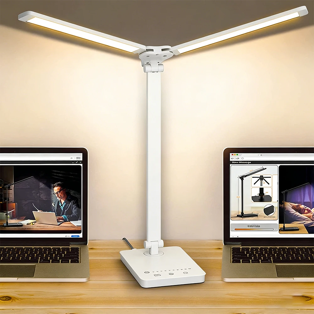 Double Head LED Desk Lamp Dual Swing Arm Table Lamp 5 Color Modes 5 Brightness Levels Eye-Caring Modern Piano Light for Office