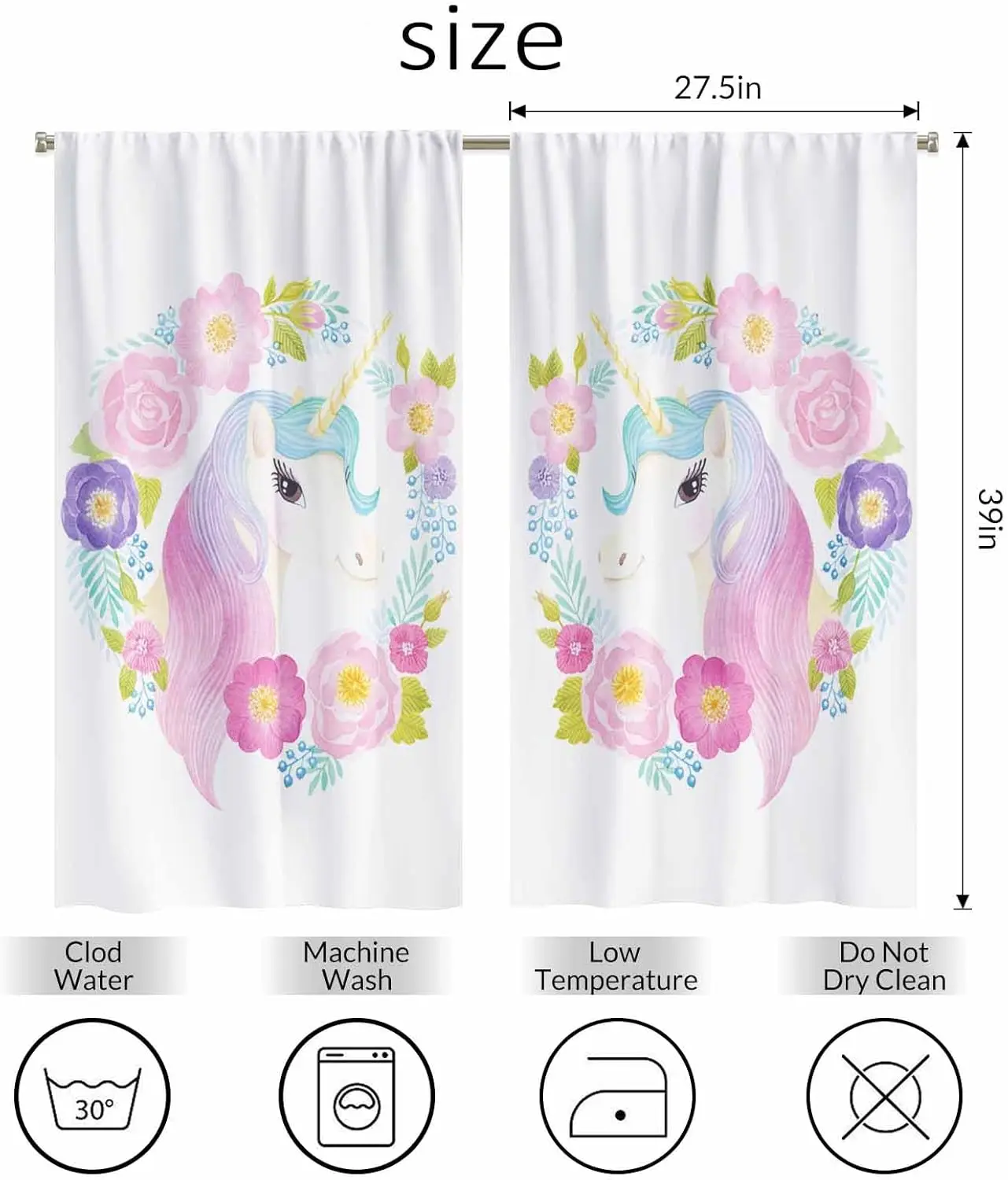 Unicorn Rose Kitchen Curtains Watercolor Unicorn Head in Wreath of Flowers Short Tier Curtains for Bathroom Cafe Small Window