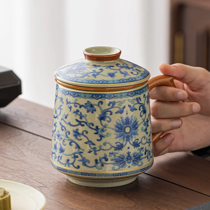 

Сине-белая чайная чашка с крышкой для разделения чая и воды, для домашнего использования, золотая чашка для заваривания чая, простая чашка с надписью, подарочная коробка