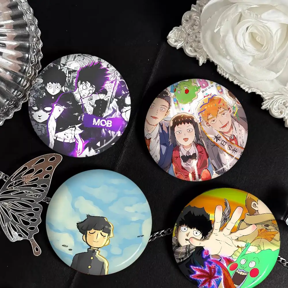 Japan Anime Mob Psycho 100 58mm Cute Anime Figure Icon Badge Handmade Tinplate Brooch for Backpack Clothes Chest Ornament Gifts