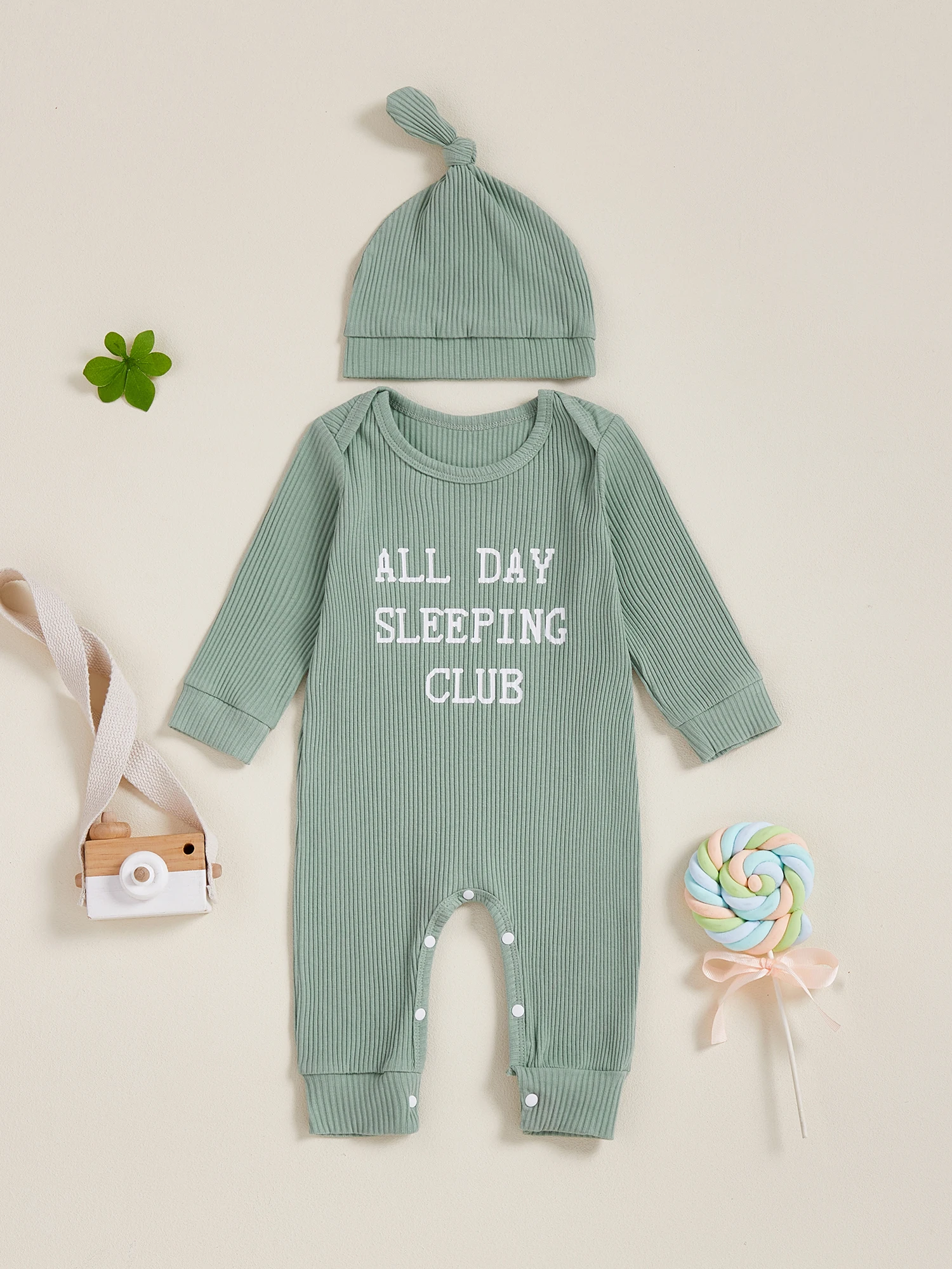 

Infant Boys and Girls Romper Autumn Stylish Alphabet Print Crew Neck Long Sleeve Bodysuit with Beanie Hat
