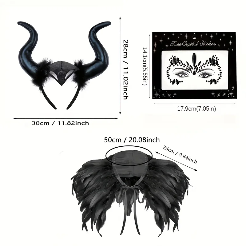 3pcs Unisex Devil Costume Accessory Set Includes Horn Headband Gothic Faux Feather Shawl And Gothic Rhinestone Face Stickers