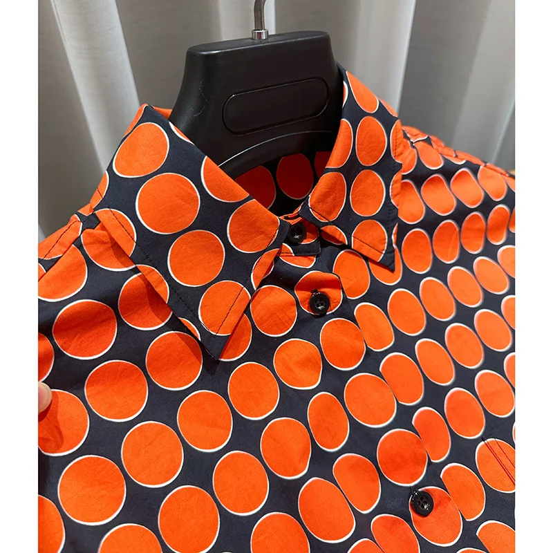 

Pop Art High Count Combed Cotton Spring New Orange Wave Dot Print Shirt Style Waist Pulling Dress